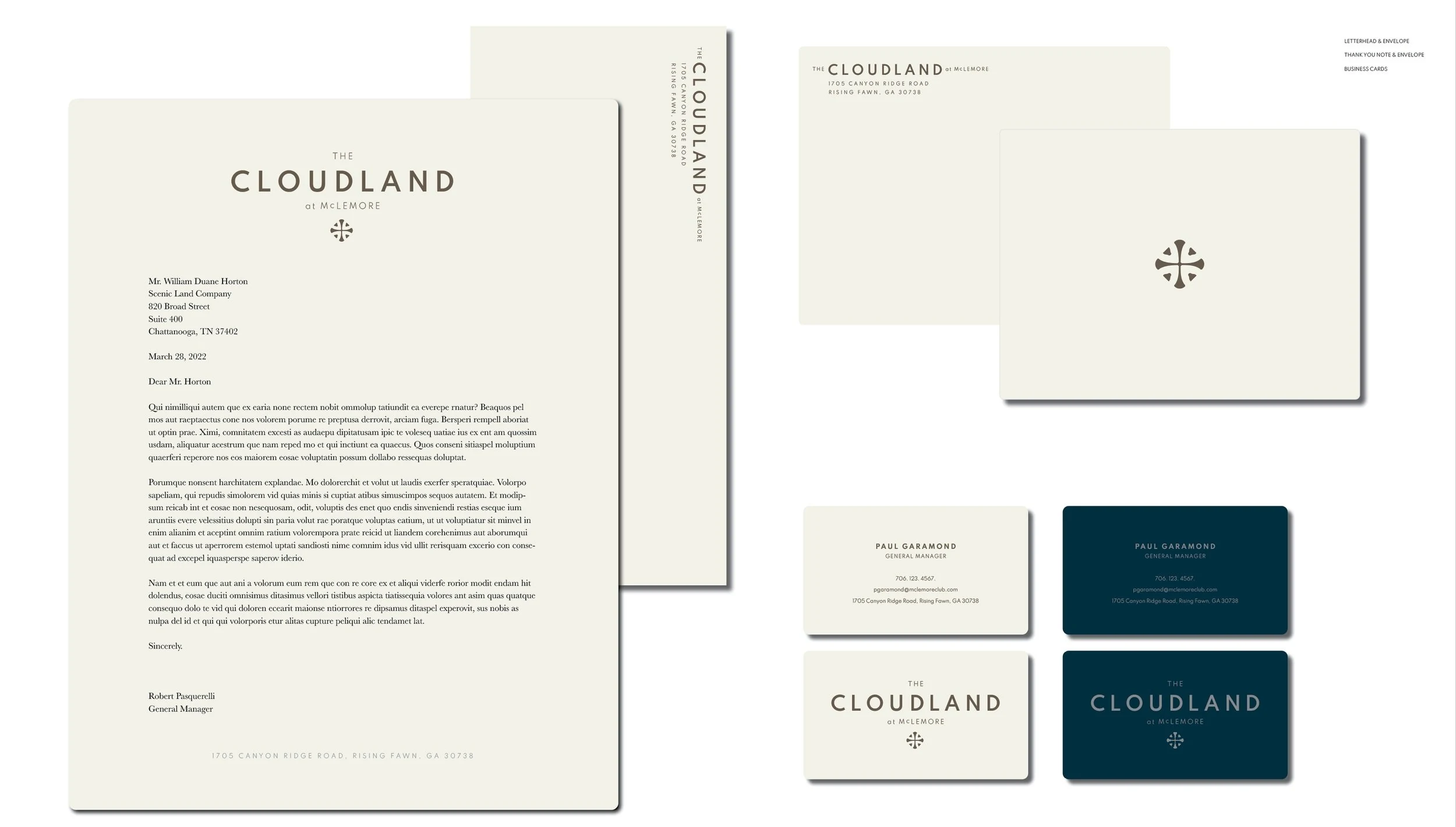 Cloudland hotel branded collateral and stationery suite